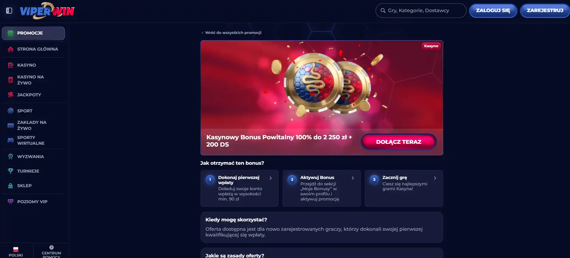 Oficjalna polska strona bonusu powitalnego ViperWin